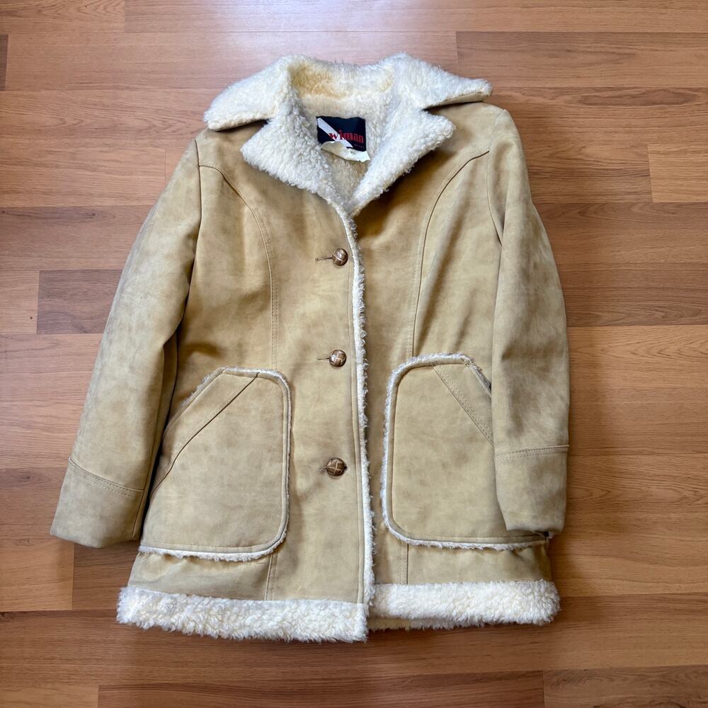 Women's Vintage 80's Wiman Vinyl Suede Sherpa Lined Shearling Jacket Sz Large